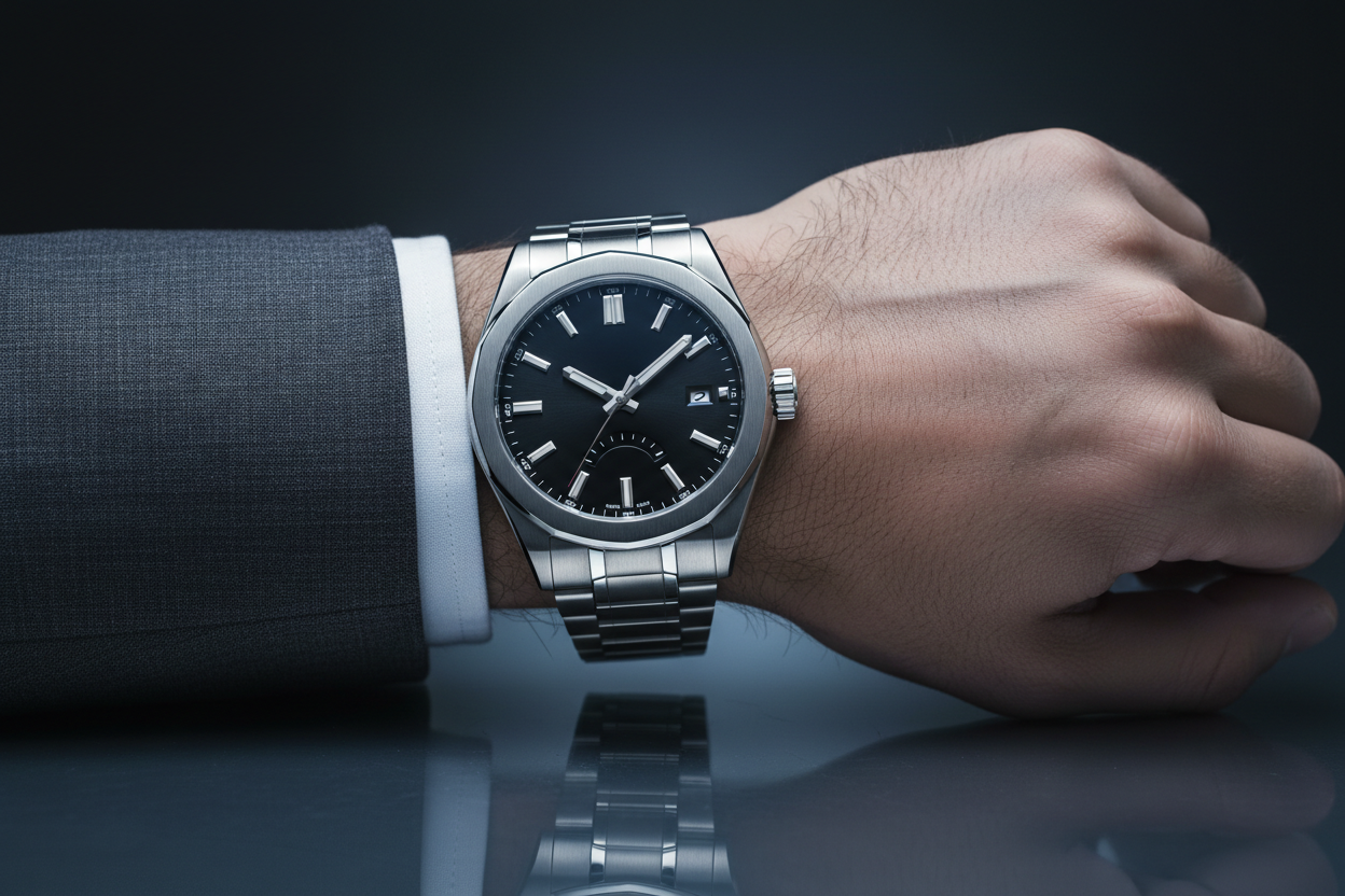 A premium men’s luxury wristwatch with a stainless steel metal strap, bold masculine dial, and polished silver finish, worn on a confident male wrist. The watch design looks elegant and powerful, inspired by high-end luxury brands but modern and affordable.

The background is dark, minimal, and cinematic with soft shadows and subtle reflections, giving a royal and premium feel.

Lighting is professional studio lighting, highlighting the metal texture, dial details, and craftsmanship.

Style is clean, modern