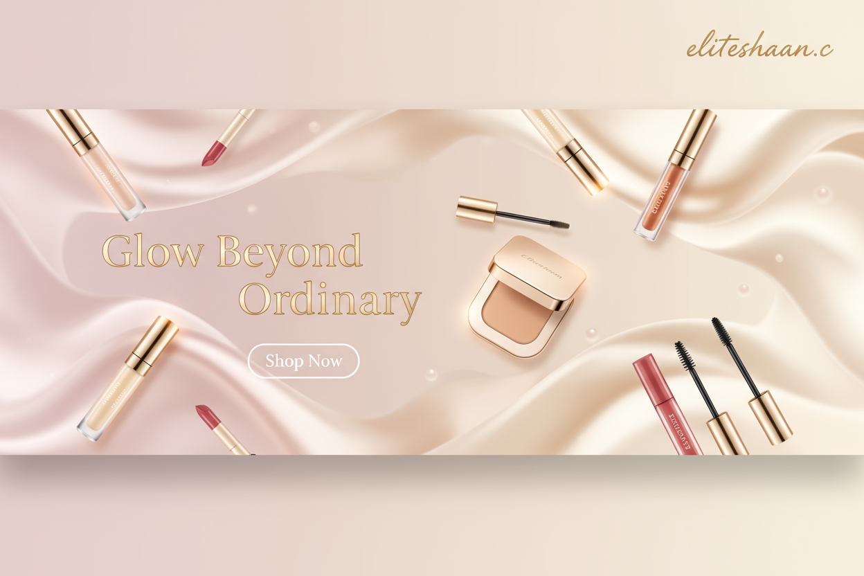 Design a modern, elegant Shopify main banner for a beauty products online store.
The banner should highlight luxury skincare and makeup products arranged aesthetically on a soft pastel background (like light pink, cream, or beige).

Include glowing effects, soft lighting, and smooth gradients to give a premium beauty brand look.

Add space for a short tagline such as “Glow Beyond Ordinary” and a clear “Shop Now” button in a stylish font.

On the top right corner, elegantly add the website text: eliteshaan.c